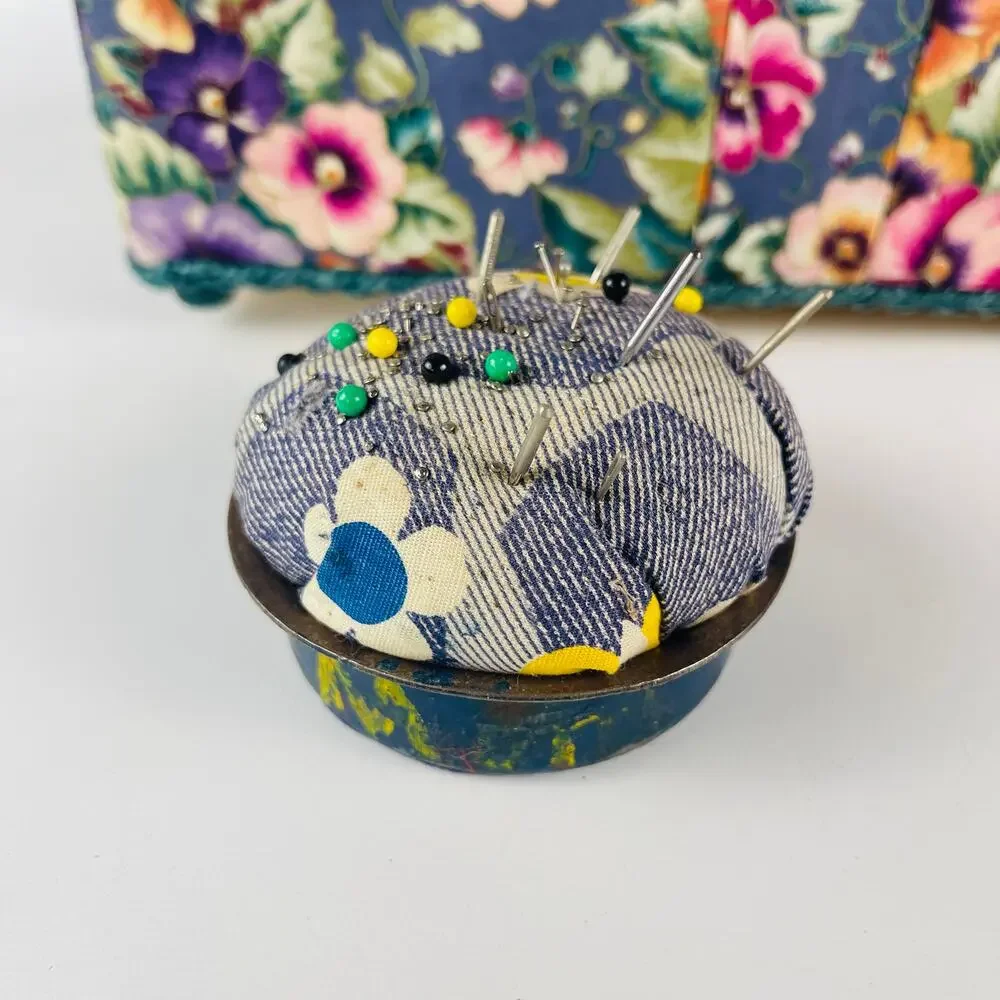 Vintage Style Hobby Sewing Box Blue with Pansy Print Green Trim with Pin Cushion - Picture 3 of 8